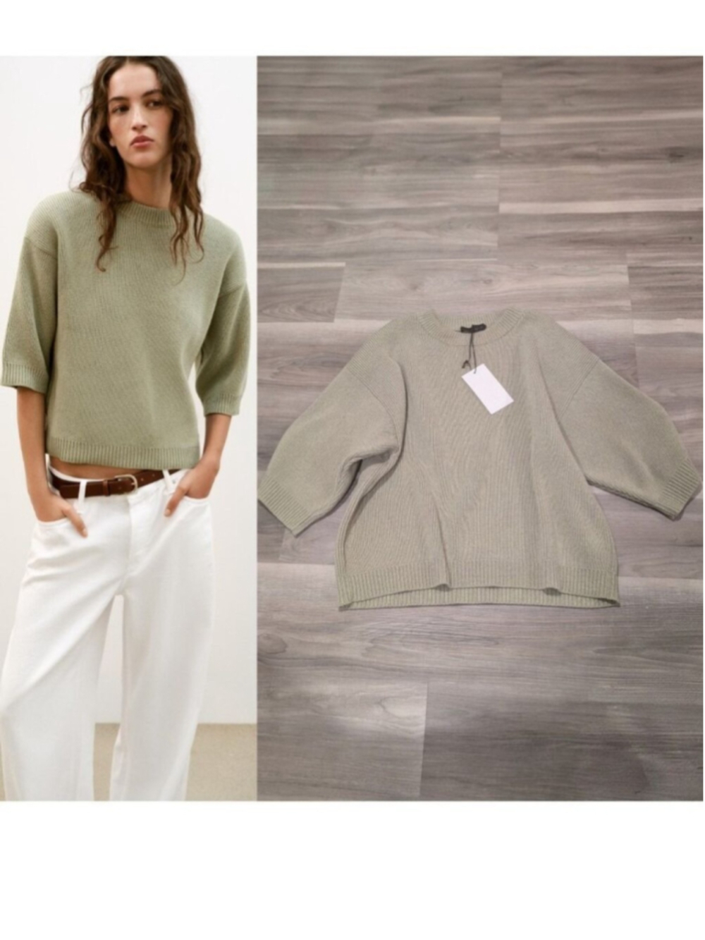 ZARA | Oversized Ribbed Elbow-Sleeve Knit Sweater In Sage Green